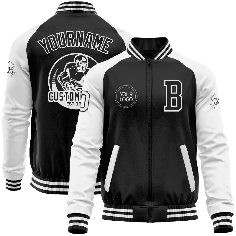 Fishing reel tension rack-Custom Black White Bomber Varsity Letterman Two Tone Zipper Jacket