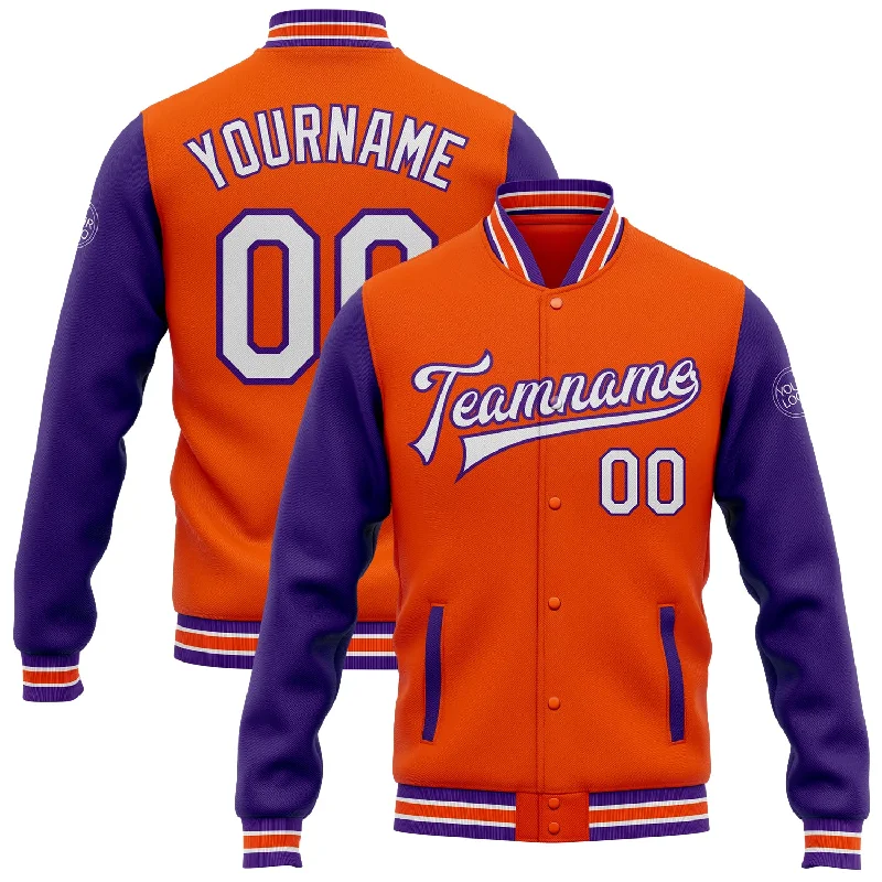 Fishing rod stabilizing rack-Custom Orange White-Purple Bomber Full-Snap Varsity Letterman Two Tone Jacket