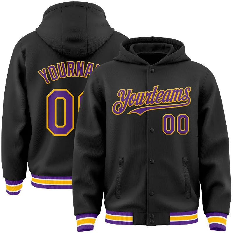 Fishing hook crimping holder-Custom Black Purple-Gold Bomber Full-Snap Varsity Letterman Hoodie Jacket