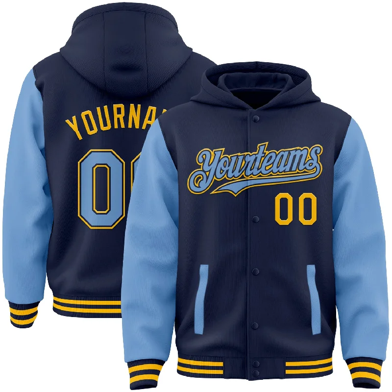 Fishing line splicing holder-Custom Navy Light Blue-Gold Bomber Full-Snap Varsity Letterman Two Tone Hoodie Jacket