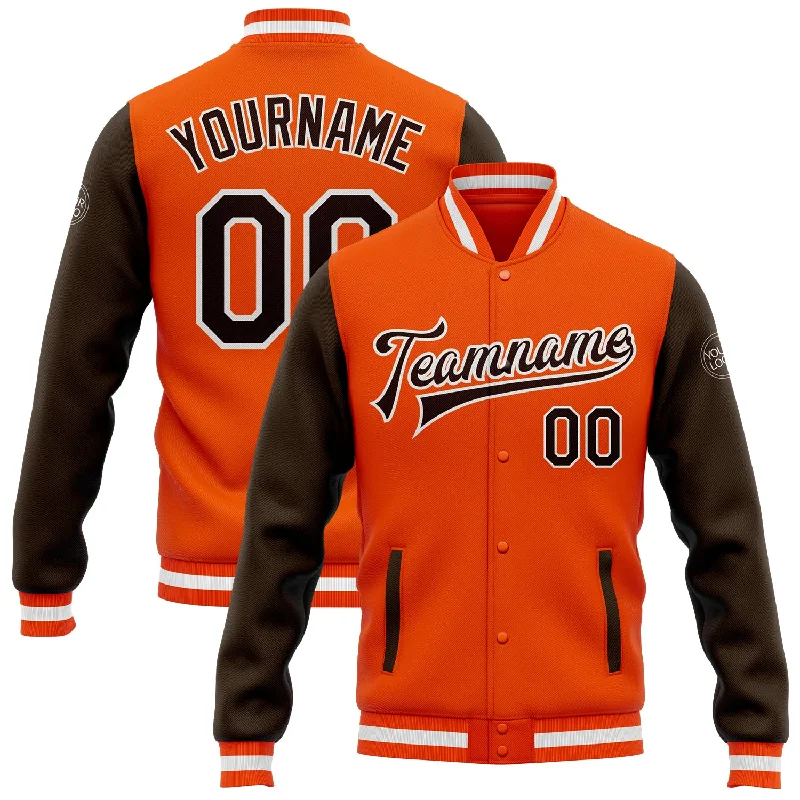 Fishing line knot rack-Custom Orange Brown-White Bomber Full-Snap Varsity Letterman Two Tone Jacket