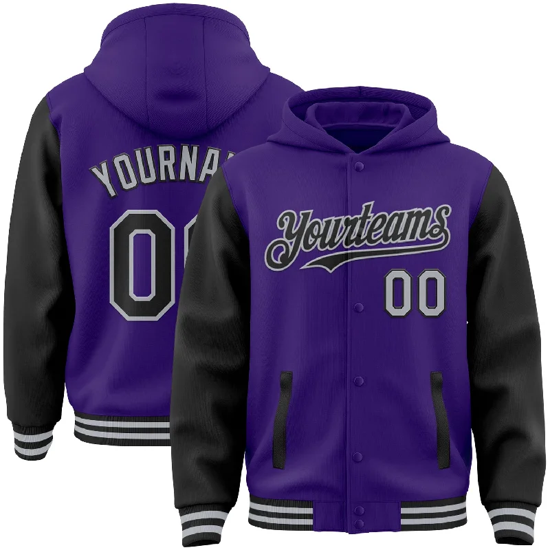 Fishing rod stabilizing strap-Custom Purple Black-Gray Bomber Full-Snap Varsity Letterman Two Tone Hoodie Jacket