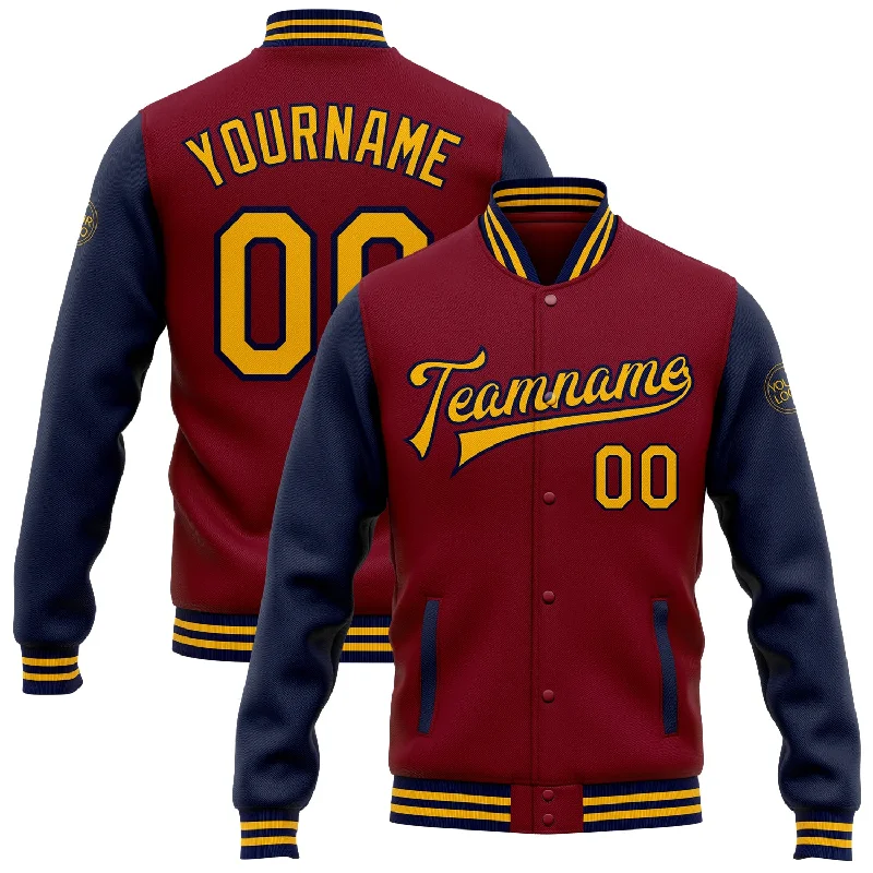 Fishing reel drag stand-Custom Crimson Gold-Navy Bomber Full-Snap Varsity Letterman Two Tone Jacket