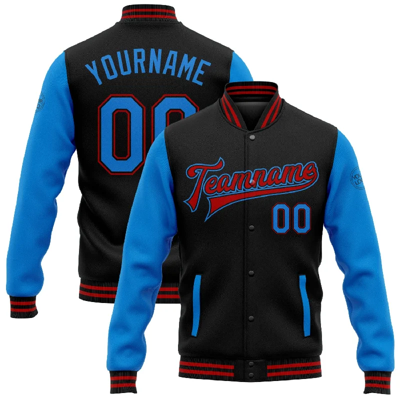 Fishing tackle compact holder-Custom Black Powder Blue-Red Bomber Full-Snap Varsity Letterman Two Tone Jacket