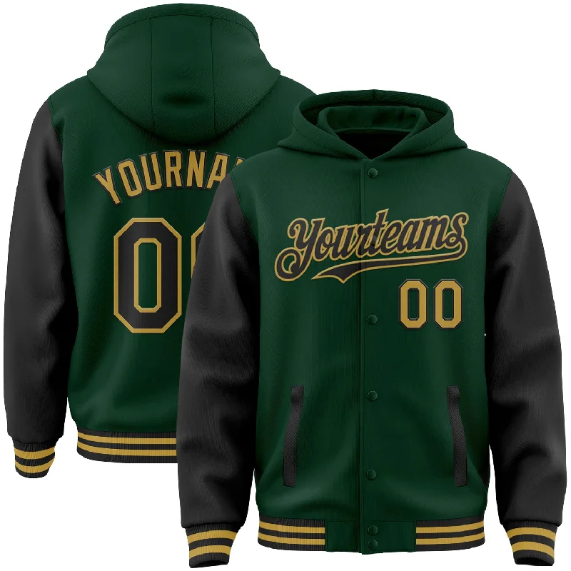 Fishing hook alignment rack-Custom Green Black-Old Gold Bomber Full-Snap Varsity Letterman Two Tone Hoodie Jacket