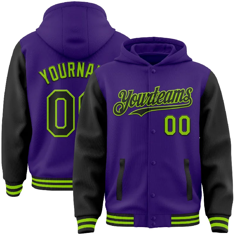 Fishing tackle modular holder-Custom Purple Black-Neon Green Bomber Full-Snap Varsity Letterman Two Tone Hoodie Jacket