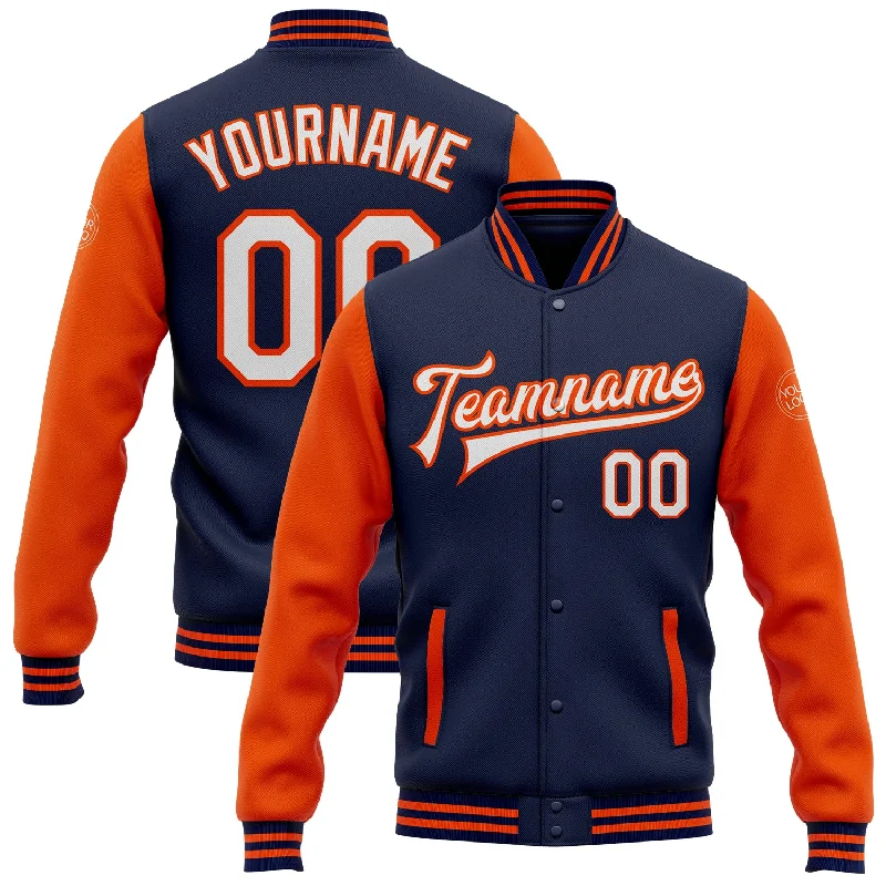 Fishing rod angle rack-Custom Navy White-Orange Bomber Full-Snap Varsity Letterman Two Tone Jacket