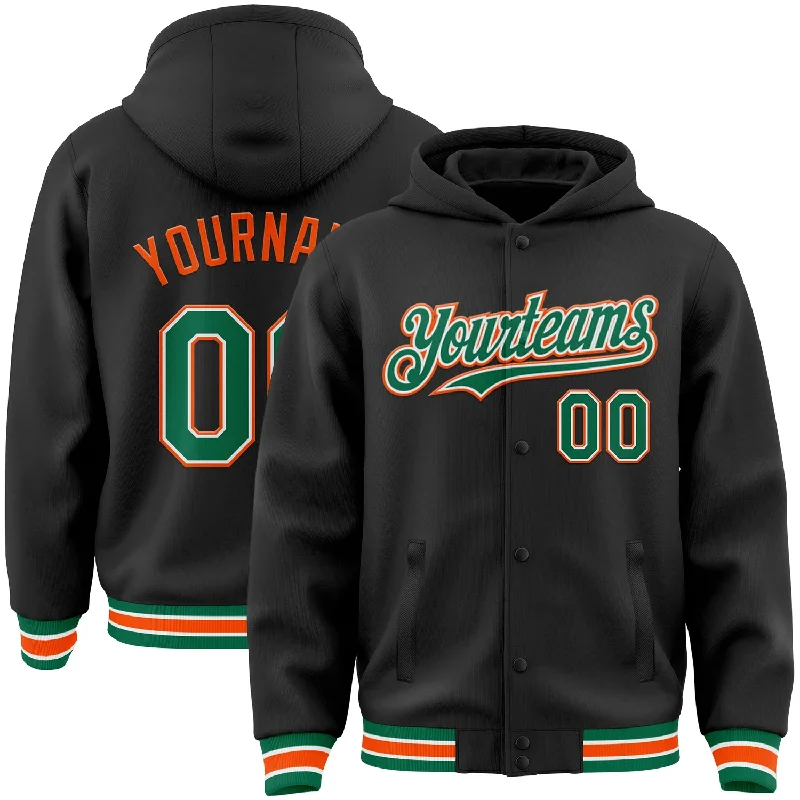 Fishing hook alignment stand-Custom Black Kelly Green-Orange Bomber Full-Snap Varsity Letterman Hoodie Jacket