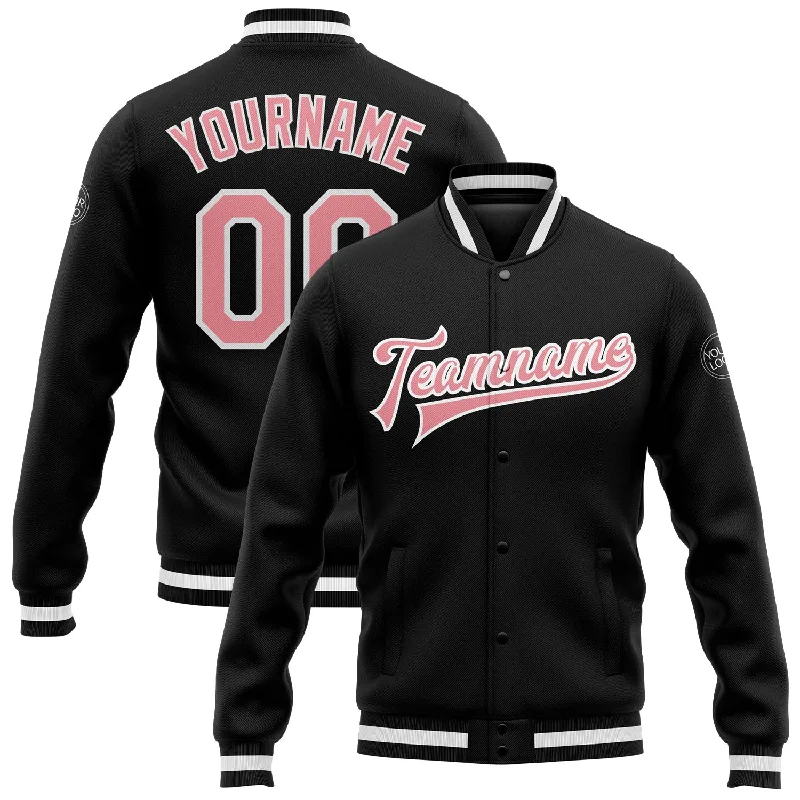 Fishing hook tension holder-Custom Black Medium Pink-White Bomber Full-Snap Varsity Letterman Jacket