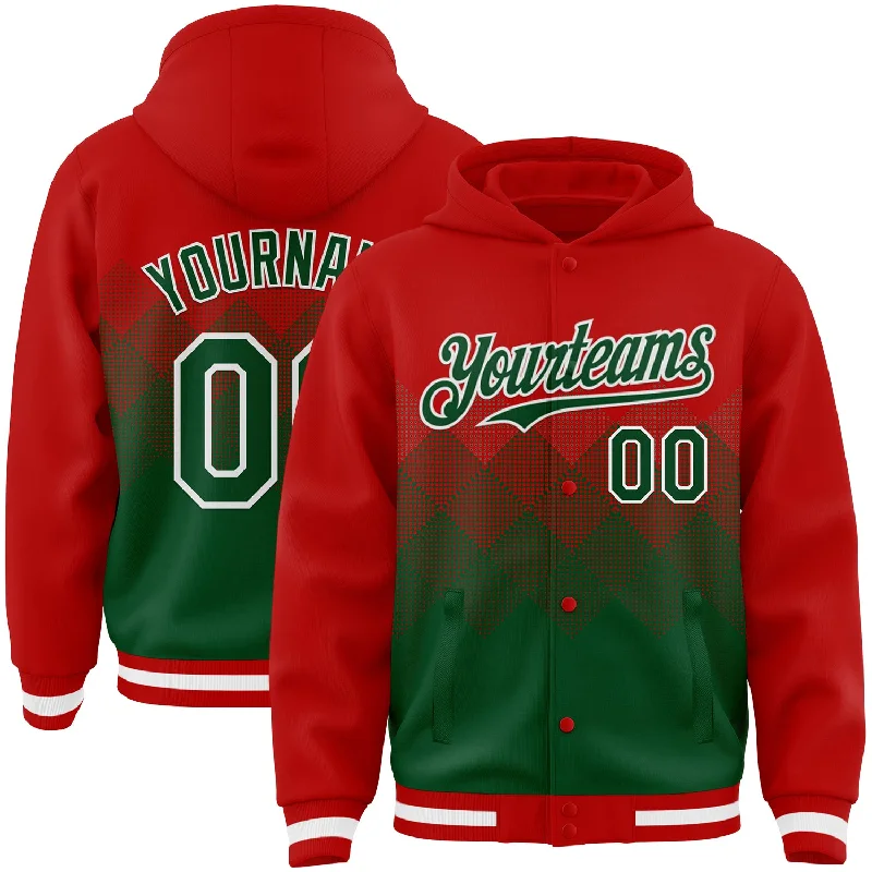 Fishing line knotting rack-Custom Red Green-White Gradient Square Shape 3D Pattern Design Bomber Full-Snap Varsity Letterman Hoodie Jacket