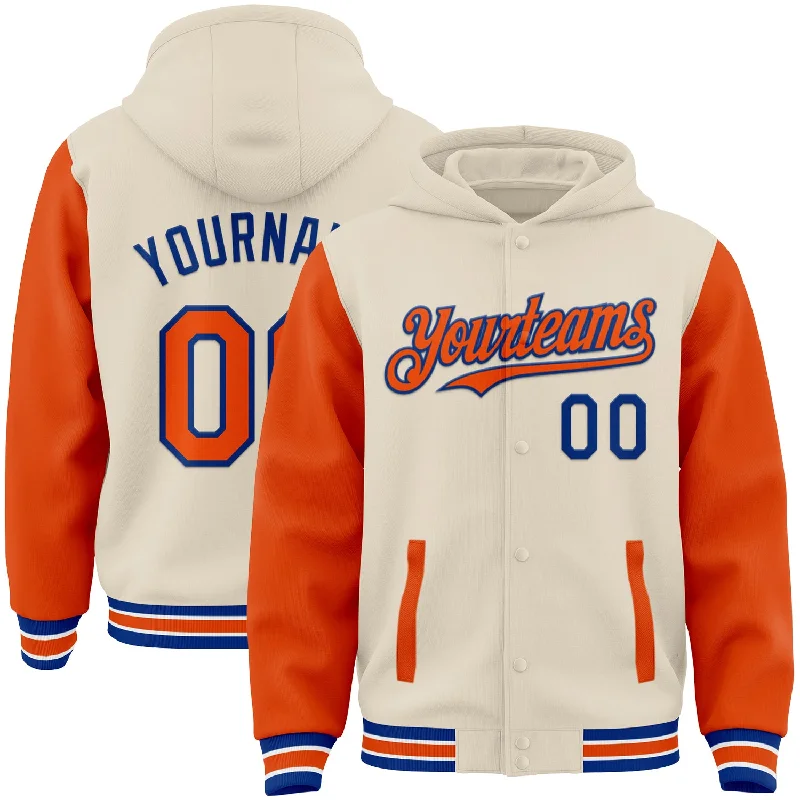 Fishing tackle stacking stand-Custom Cream Orange Royal-White Bomber Full-Snap Varsity Letterman Two Tone Hoodie Jacket