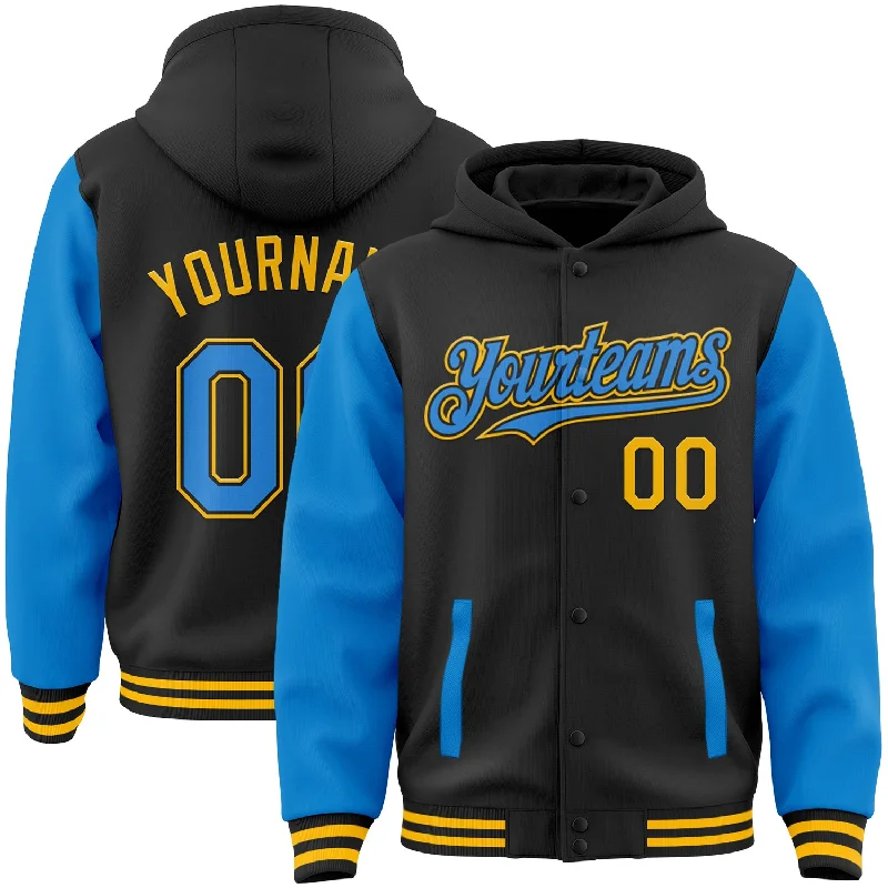 Fishing tackle stacking clamp-Custom Black Powder Blue-Gold Bomber Full-Snap Varsity Letterman Two Tone Hoodie Jacket