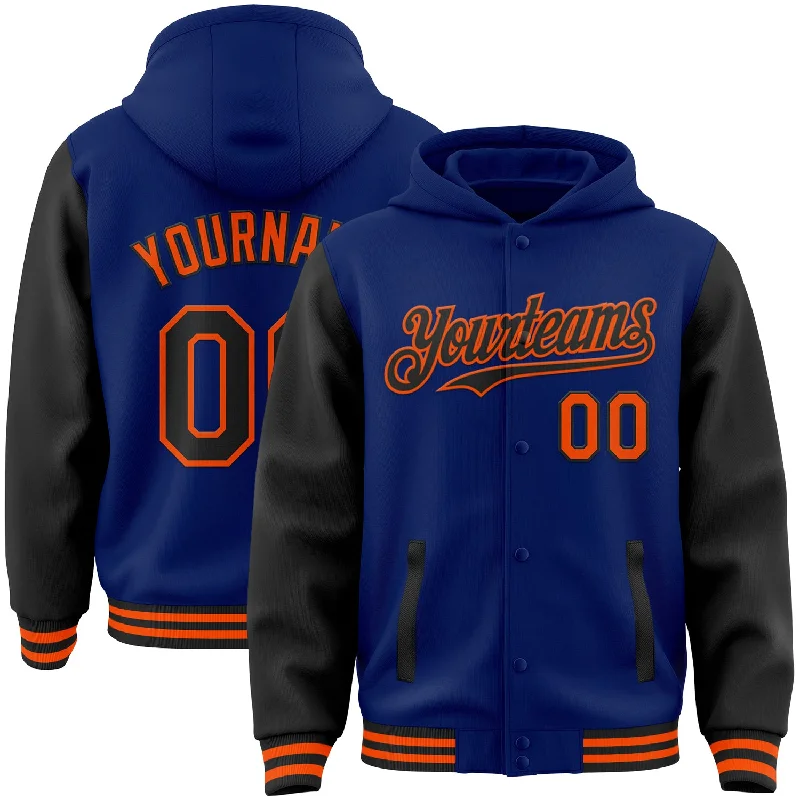 Fishing hook bending rack-Custom Royal Black-Orange Bomber Full-Snap Varsity Letterman Two Tone Hoodie Jacket