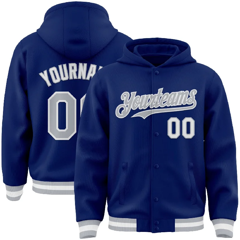 Fishing tackle modular rack-Custom Royal Gray-White Bomber Full-Snap Varsity Letterman Hoodie Jacket