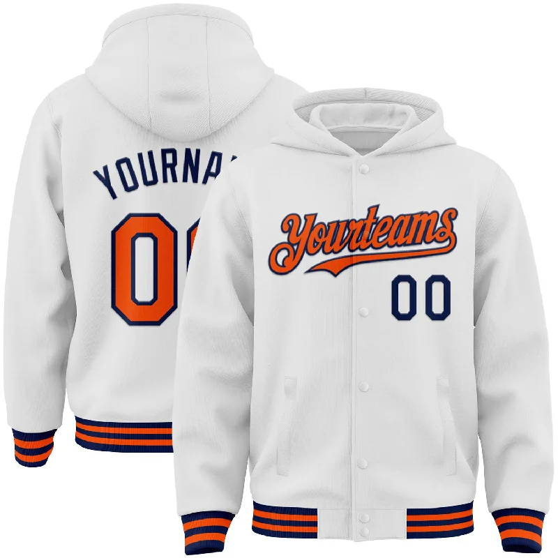 Fishing tackle modular clamp-Custom White Orange-Navy Bomber Full-Snap Varsity Letterman Hoodie Jacket