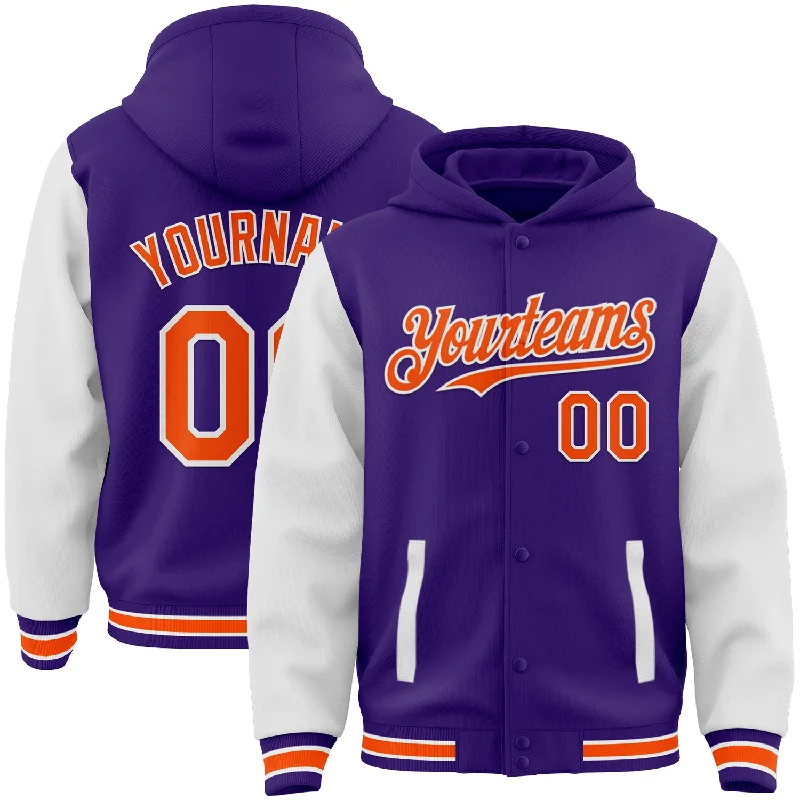 Fishing bait sealing clamp-Custom Purple Orange-White Bomber Full-Snap Varsity Letterman Two Tone Hoodie Jacket