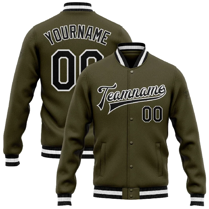 Fishing rod stabilizing rack-Custom Olive Black-White Bomber Full-Snap Varsity Letterman Salute To Service Jacket