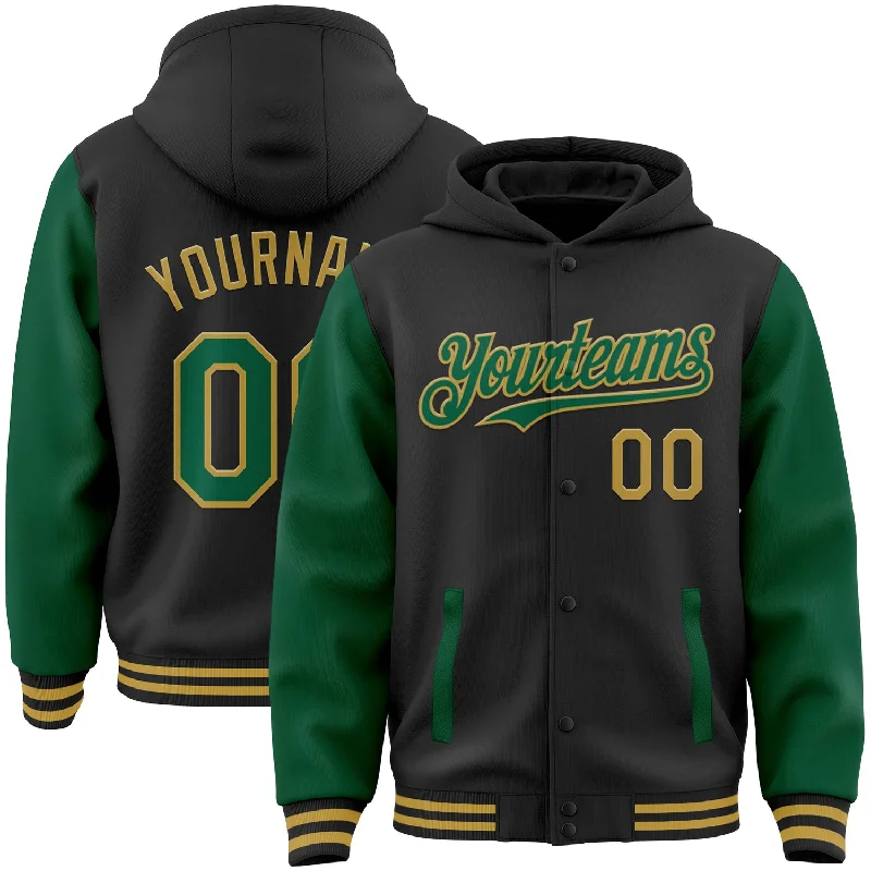 Fishing hook bending clamp-Custom Black Kelly Green-Old Gold Bomber Full-Snap Varsity Letterman Two Tone Hoodie Jacket