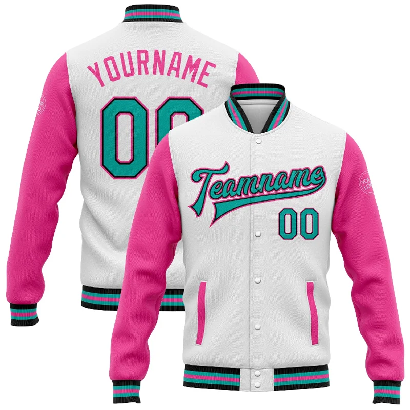 Fishing pliers with jaw rack-Custom White Aqua Black-Pink Bomber Full-Snap Varsity Letterman Two Tone Jacket