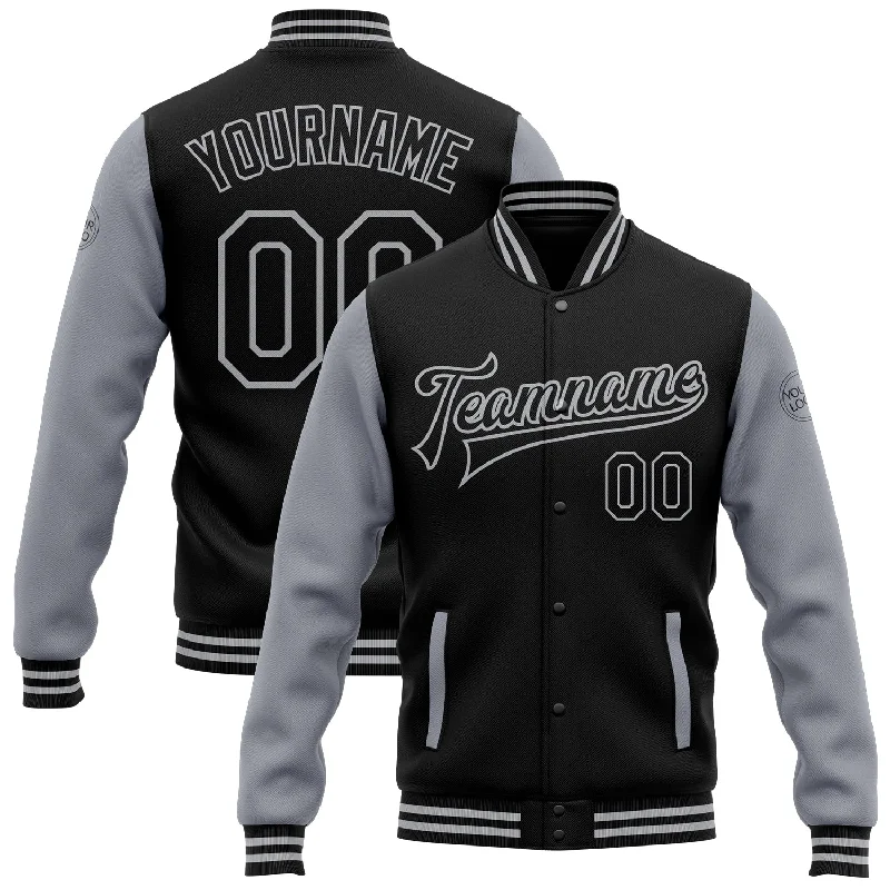 Fishing hook alignment clamp-Custom Black Gray Bomber Full-Snap Varsity Letterman Two Tone Jacket