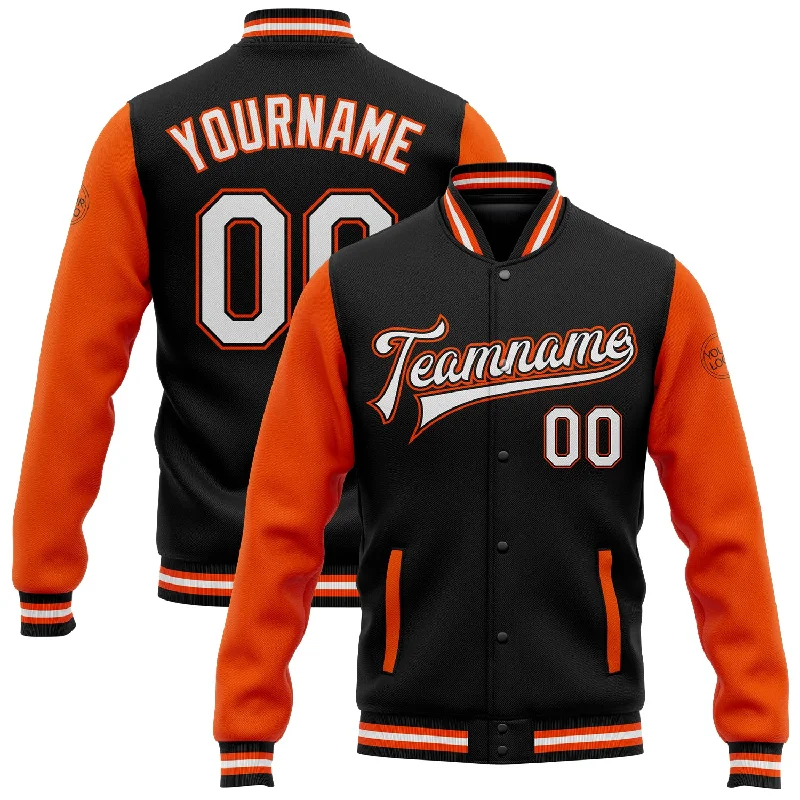 Fishing hook crimping rack-Custom Black White-Orange Bomber Full-Snap Varsity Letterman Two Tone Jacket