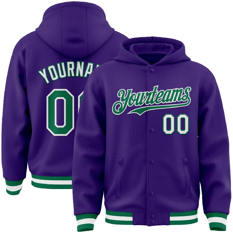 Fishing reel spool cleaner-Custom Purple Kelly Green-White Bomber Full-Snap Varsity Letterman Hoodie Jacket