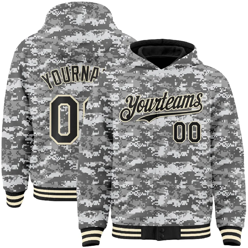 Fishing tackle waterproof rack-Custom Camo Black-Cream 3D Bomber Full-Snap Varsity Letterman Salute To Service Hoodie Jacket