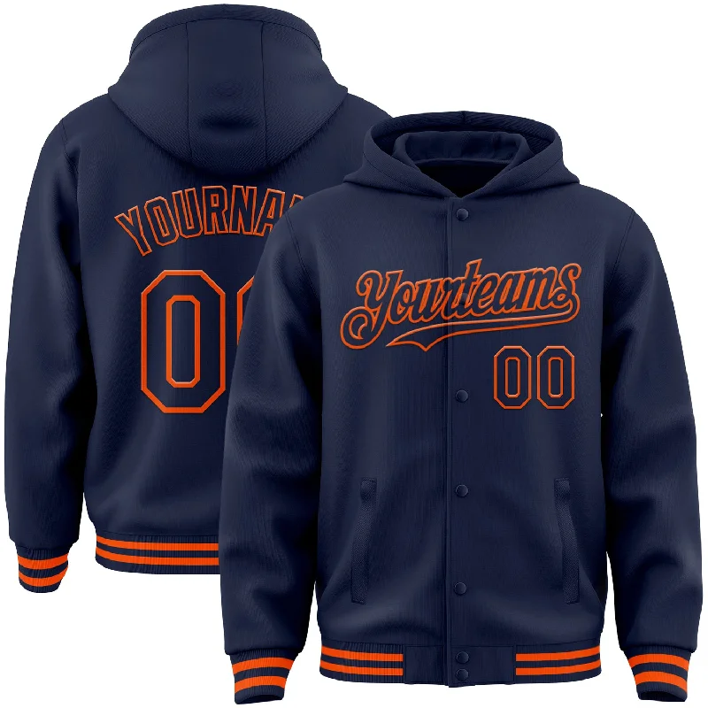 Fishing bait pressing holder-Custom Navy Orange Bomber Full-Snap Varsity Letterman Hoodie Jacket