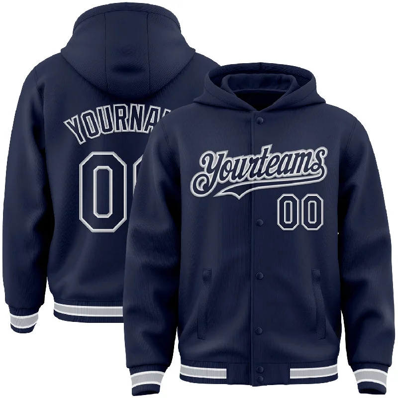 Fishing hook angle clamp-Custom Navy White-Gray Bomber Full-Snap Varsity Letterman Hoodie Jacket