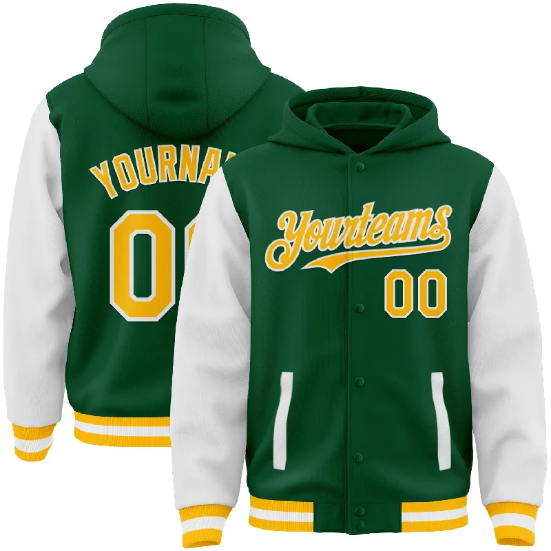 Fishing bait drying rack-Custom Kelly Green Gold-White Bomber Full-Snap Varsity Letterman Two Tone Hoodie Jacket