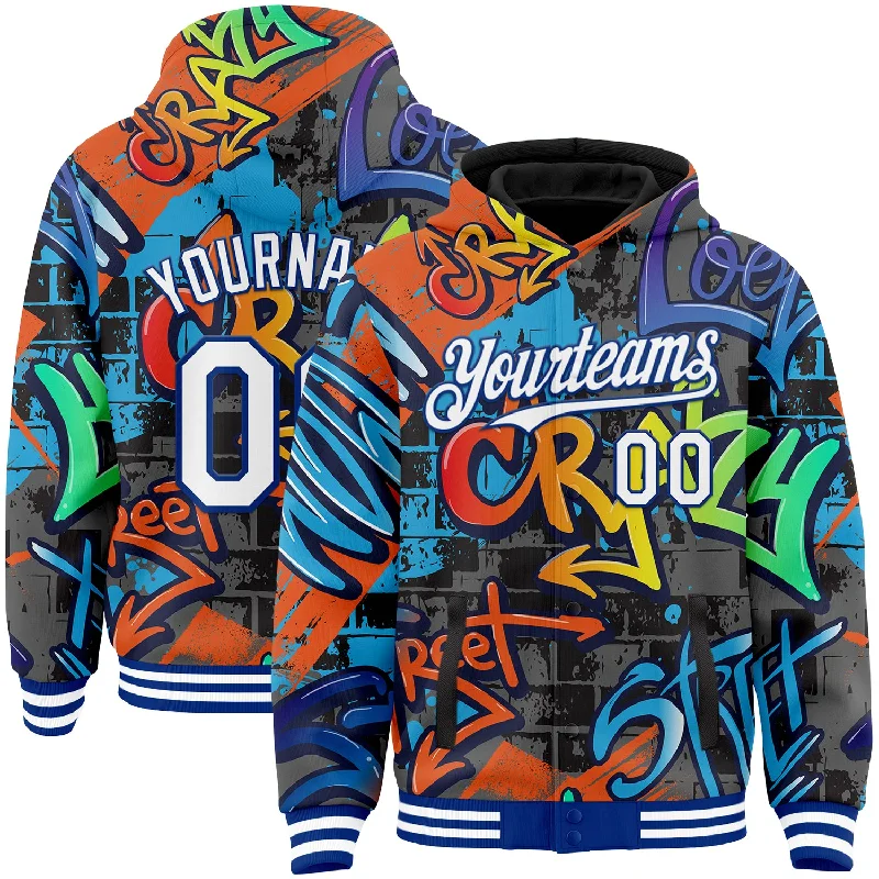 Fishing tackle adjustable rack-Custom Graffiti Pattern White-Royal Abstract Urban Street Art 3D Bomber Full-Snap Varsity Letterman Hoodie Jacket