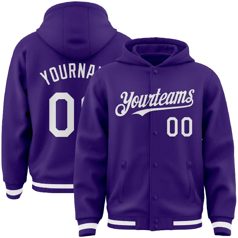 Fishing line braiding clamp-Custom Purple White Bomber Full-Snap Varsity Letterman Hoodie Jacket