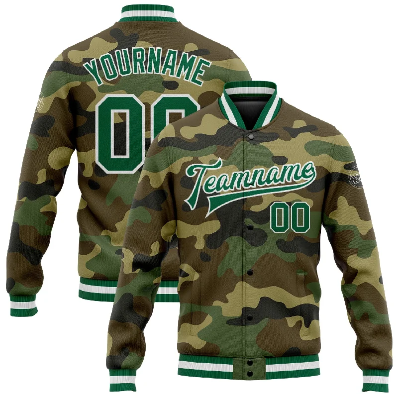 Fishing rod display rack-Custom Camo Kelly Green-White Bomber Full-Snap Varsity Letterman Salute To Service Jacket