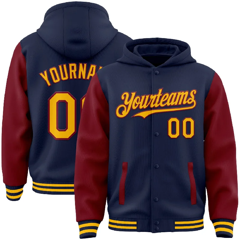 Fishing line twisting stand-Custom Navy Gold-Crimson Bomber Full-Snap Varsity Letterman Two Tone Hoodie Jacket