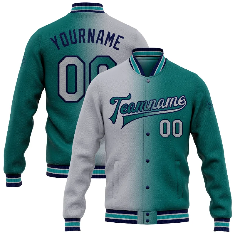 Fishing hook alignment rack-Custom Teal Gray-Navy Bomber Full-Snap Varsity Letterman Gradient Fashion Jacket