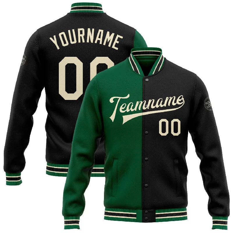 Fishing line knot stand-Custom Black Cream-Kelly Green Bomber Full-Snap Varsity Letterman Split Fashion Jacket