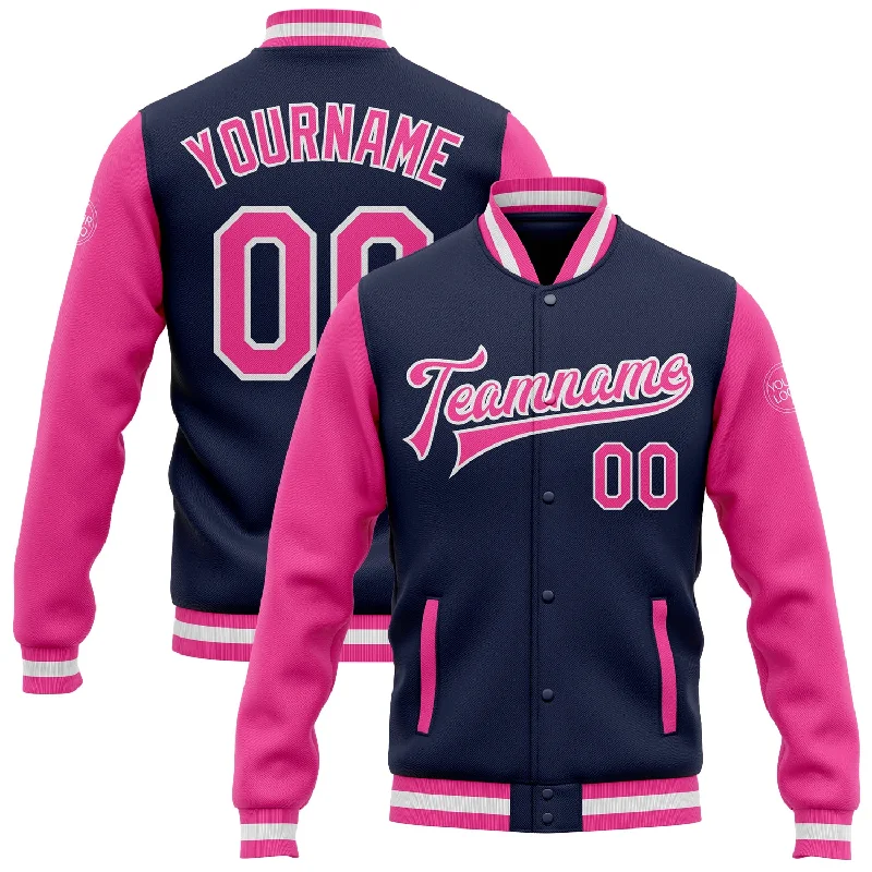 Fishing tackle modular stand-Custom Navy Pink-White Bomber Full-Snap Varsity Letterman Two Tone Jacket