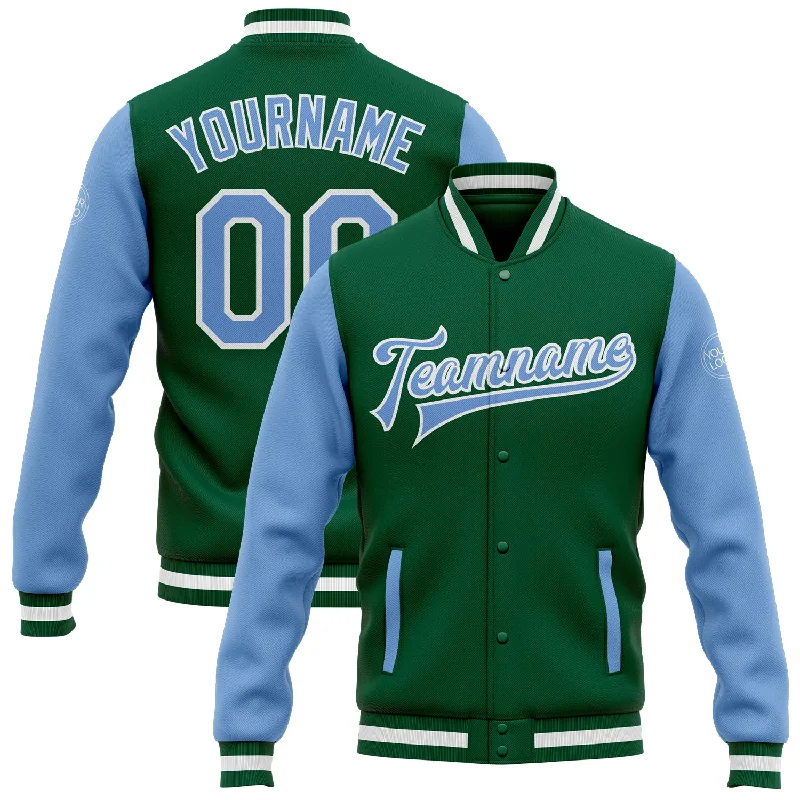 Fishing tackle foldable rack-Custom Kelly Green Light Blue-White Bomber Full-Snap Varsity Letterman Two Tone Jacket