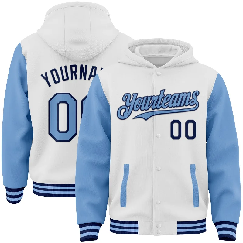 Fishing line twisting stand-Custom White Light Blue-Navy Bomber Full-Snap Varsity Letterman Two Tone Hoodie Jacket