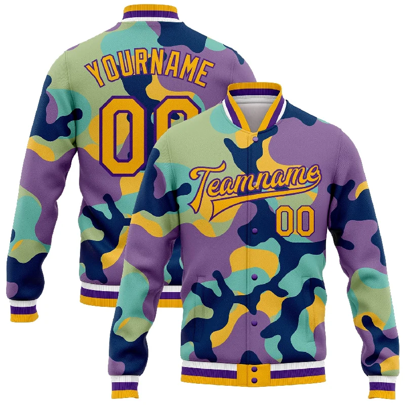 Fishing pliers with clip lock-Custom Camo Gold-Purple Fluorescent Camouflage 3D Bomber Full-Snap Varsity Letterman Salute To Service Jacket