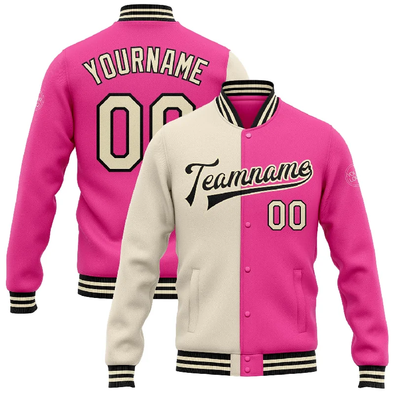 Fishing line knotting rack-Custom Pink Cream-Black Bomber Full-Snap Varsity Letterman Split Fashion Jacket