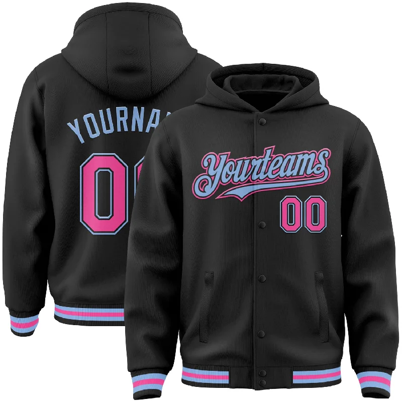 Fishing rod securing holder-Custom Black Pink-Light Blue Bomber Full-Snap Varsity Letterman Hoodie Jacket