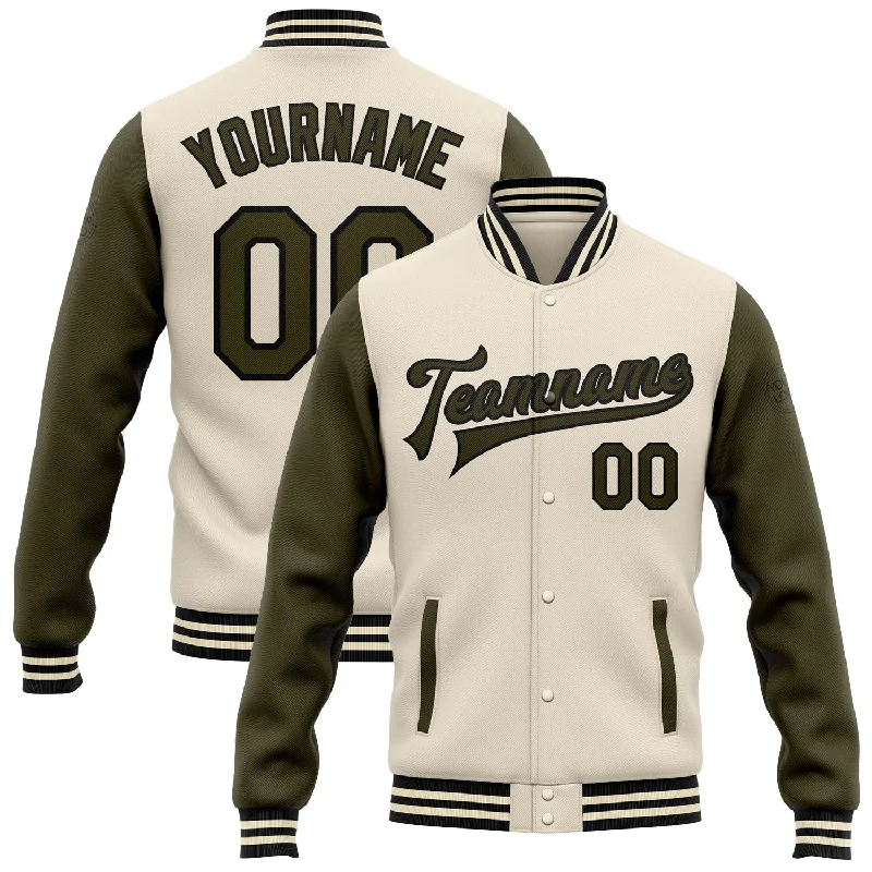 Fishing reel tension rack-Custom Cream Olive-Black Bomber Full-Snap Varsity Letterman Two Tone Jacket