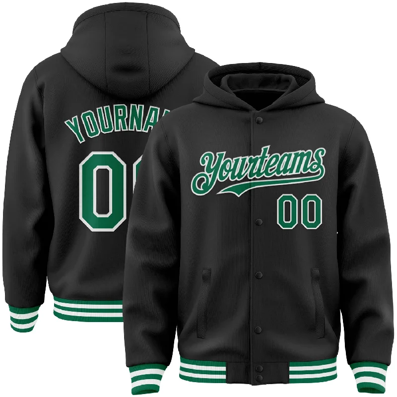 Fishing rod locking stand-Custom Black Kelly Green-White Bomber Full-Snap Varsity Letterman Hoodie Jacket