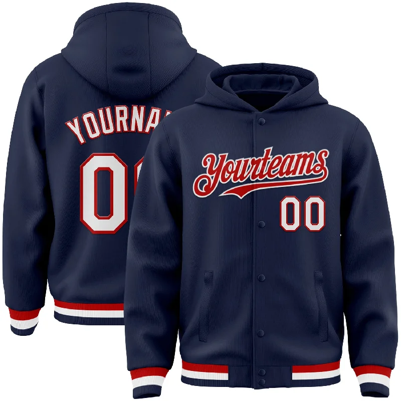 Fishing hook straightening clamp-Custom Navy White-Red Bomber Full-Snap Varsity Letterman Hoodie Jacket