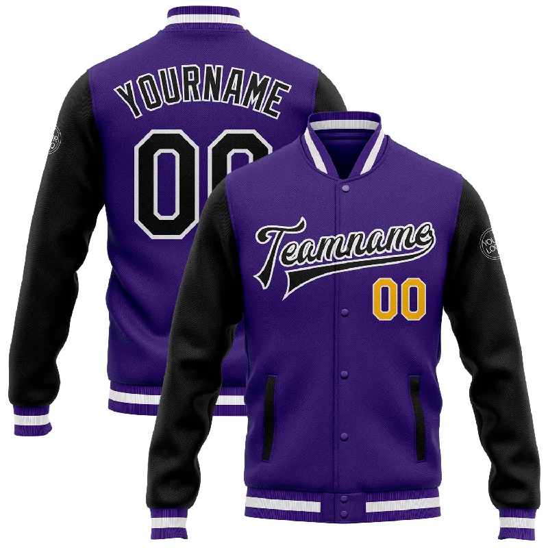 Fishing line loop tying tool-Custom Purple Black-Gold Bomber Full-Snap Varsity Letterman Two Tone Jacket