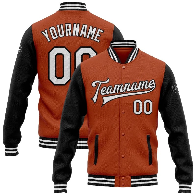 Fishing pliers with hook rack-Custom Texas Orange White-Black Bomber Full-Snap Varsity Letterman Two Tone Jacket