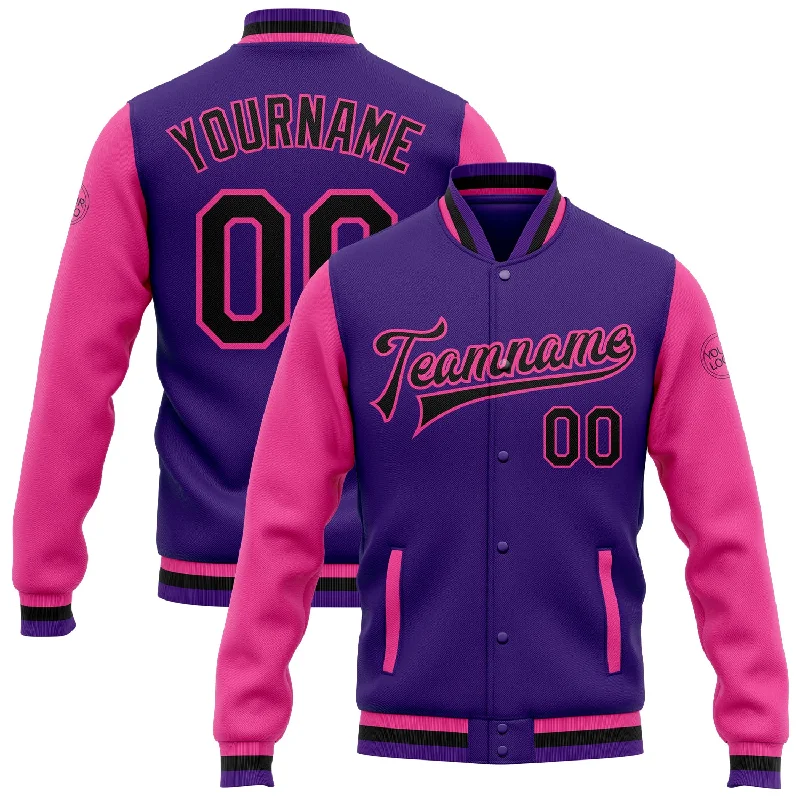 Fishing line splicing rack-Custom Purple Black-Pink Bomber Full-Snap Varsity Letterman Two Tone Jacket