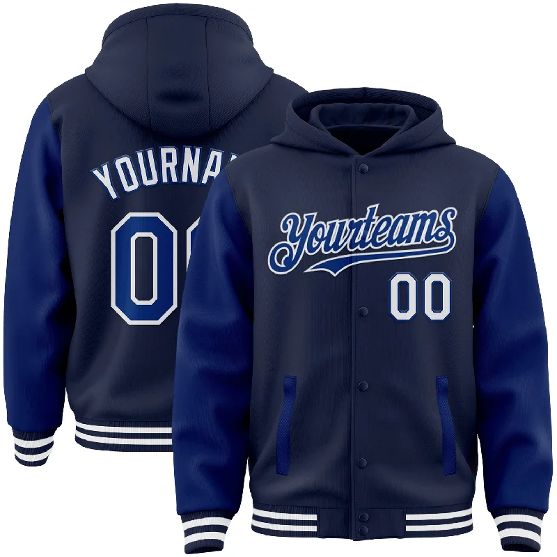 Fishing bait drying holder-Custom Navy Royal-White Bomber Full-Snap Varsity Letterman Two Tone Hoodie Jacket