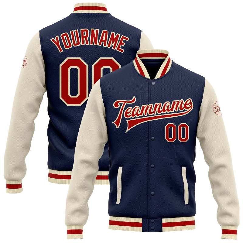 Fishing bait shaping clamp-Custom Navy Red-Cream Bomber Full-Snap Varsity Letterman Two Tone Jacket